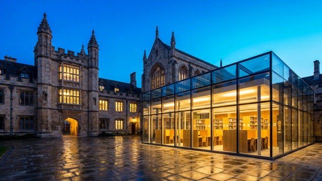 UK university and further education campus architecture at twilight
